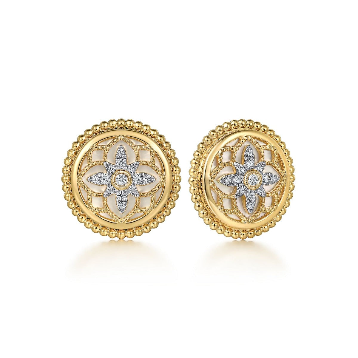 14K Yellow Gold Bujukan Diamonds and White Mother of Pearl Stud Earrings