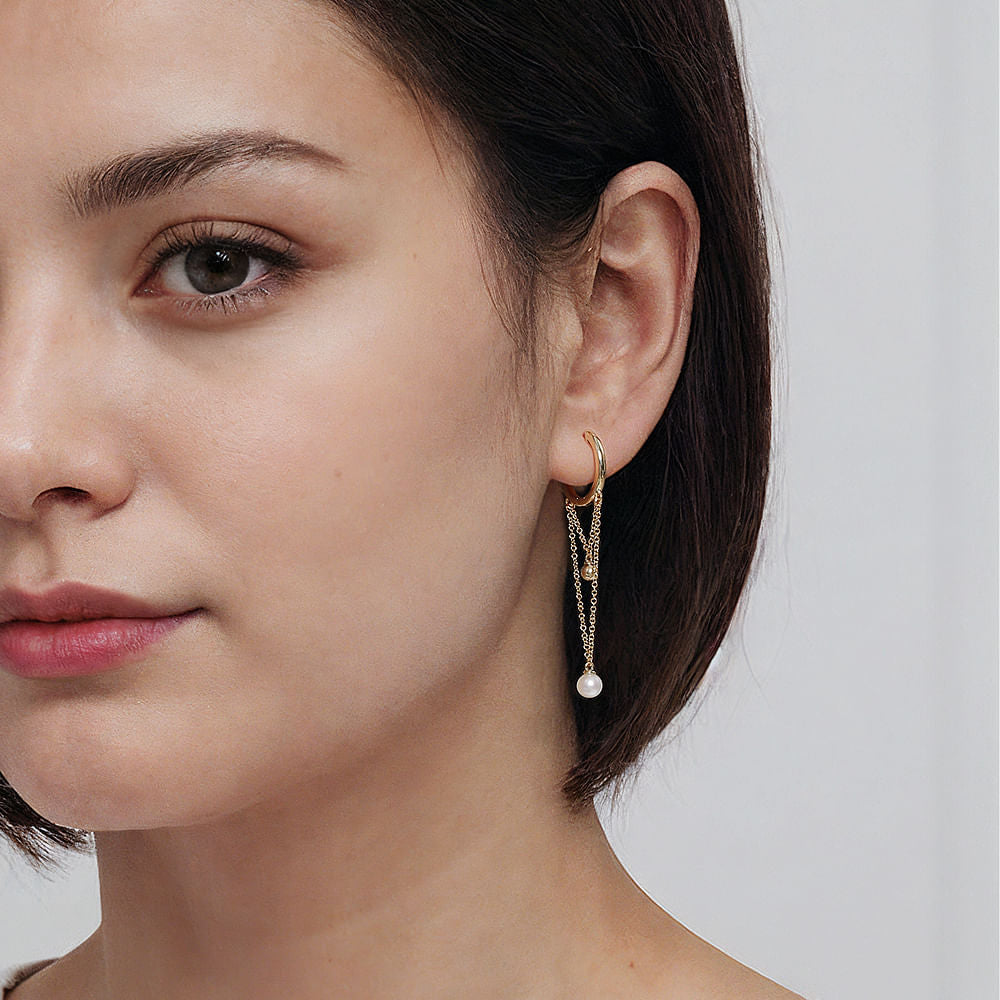 14K Yellow Gold Bujukan And Pearl Huggie Drop Earrings