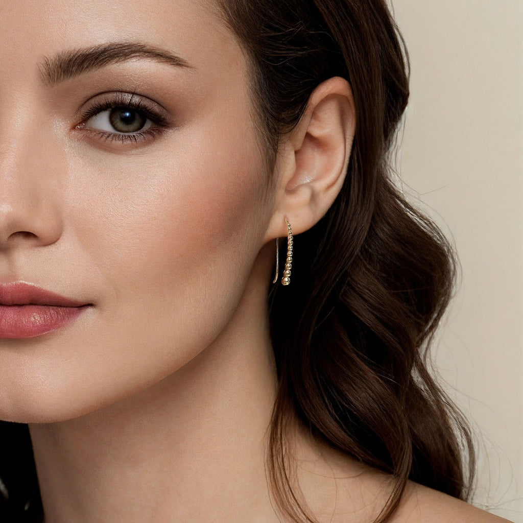14K Yellow Plain Gold Graduating Bujukan Ball Drop Frenchwire Earrings