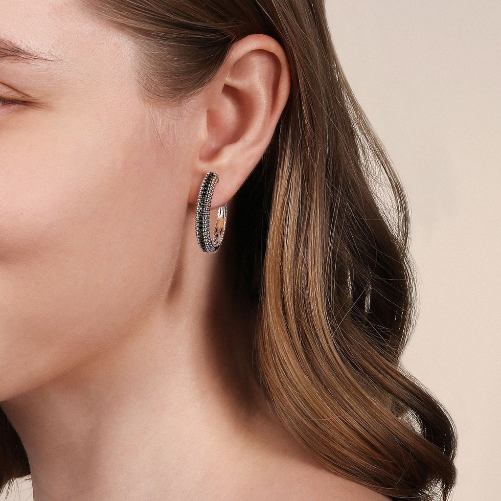 925 Sterling Silver Bujukan Black Spinel Classic Hoop Earrings