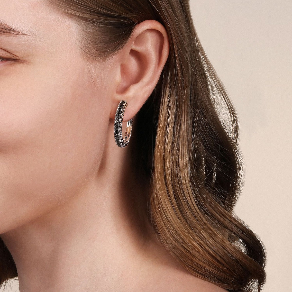 925 Sterling Silver Bujukan Black Spinel Classic Hoop Earrings