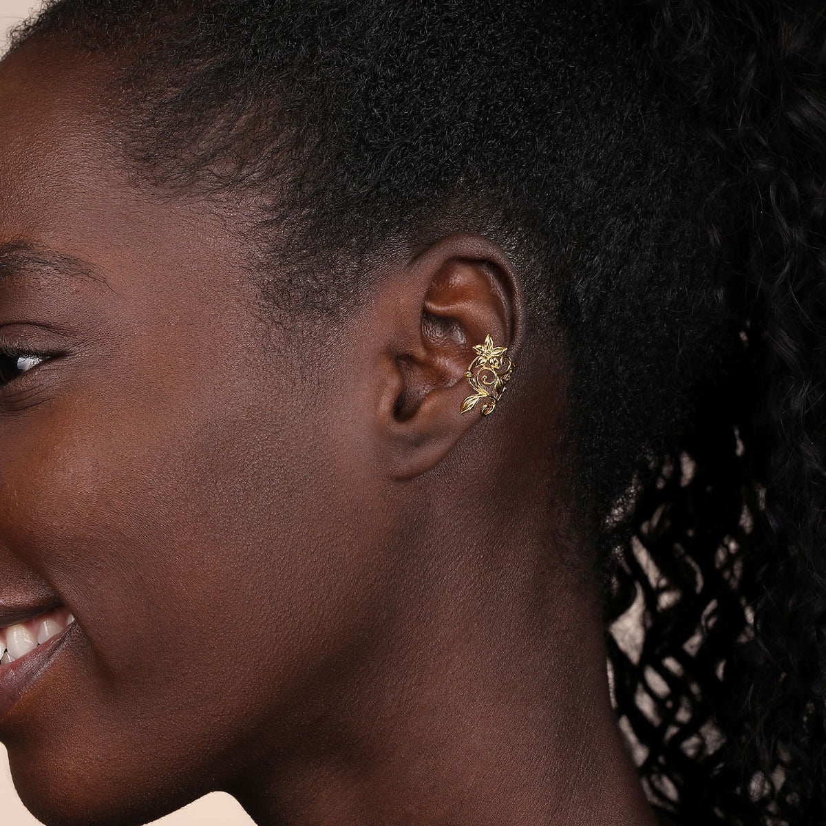 14K Yellow Gold Single Floral Ear Cuff