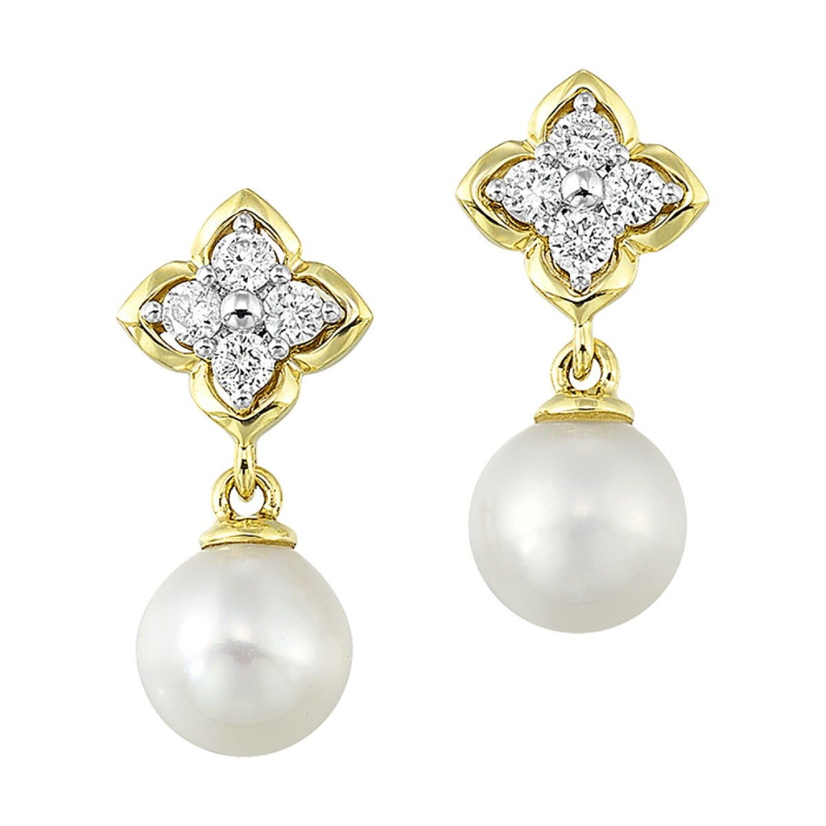 14K YG 1/5 ct. tw. Diamond & Pearl Floral Dangle Earring