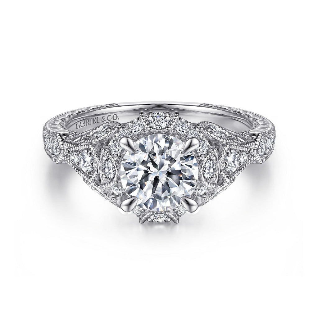 Annadale - Unique 14K White Gold Vintage Inspired Semi Mount Halo Semi-Mount Ring