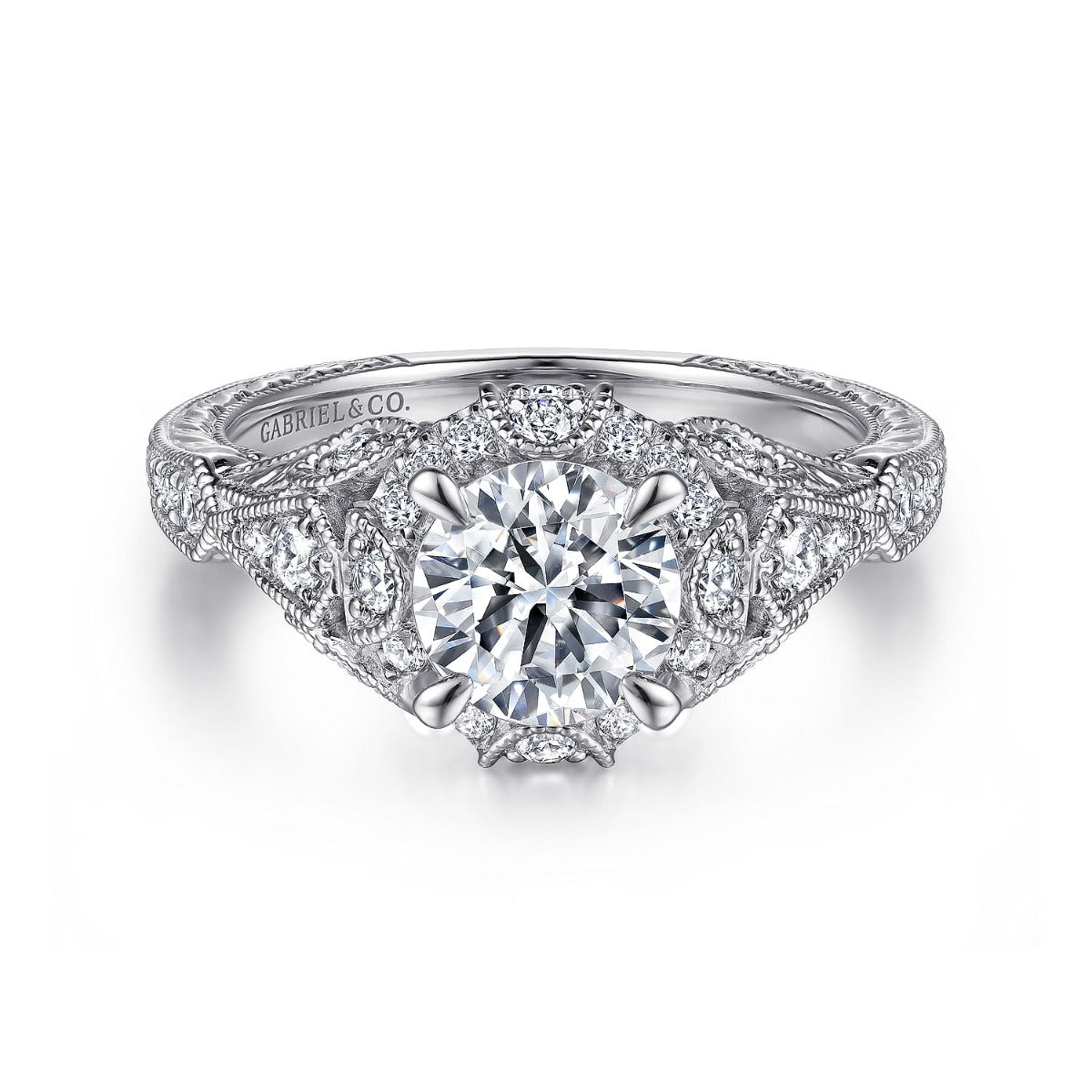 Annadale - Unique 14K White Gold Vintage Inspired Semi Mount Halo Semi-Mount Ring
