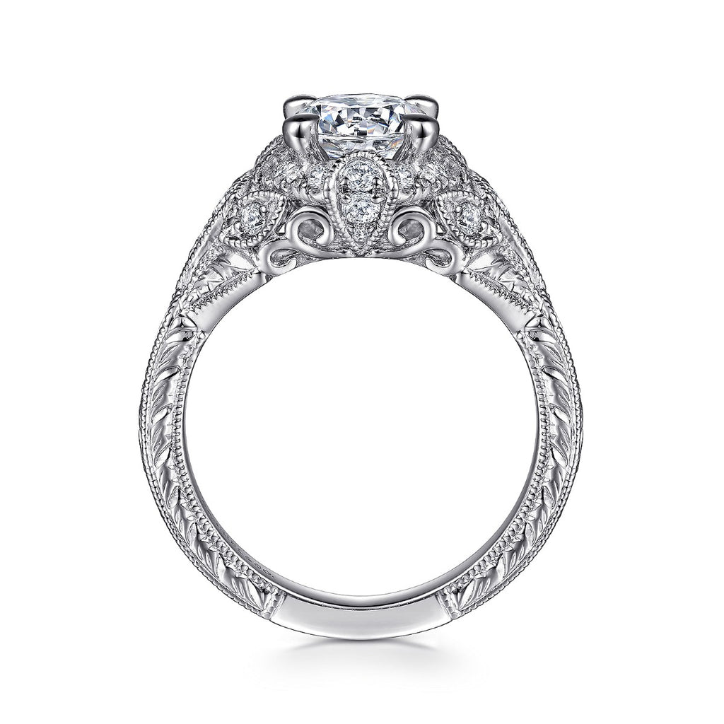 Annadale - Unique 14K White Gold Vintage Inspired Semi Mount Halo Semi-Mount Ring