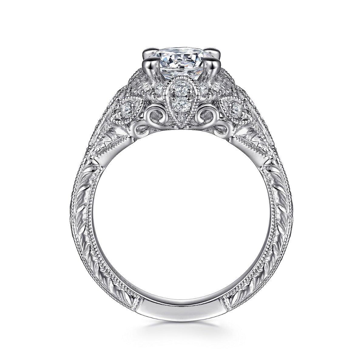 Annadale - Unique 14K White Gold Vintage Inspired Semi Mount Halo Semi-Mount Ring