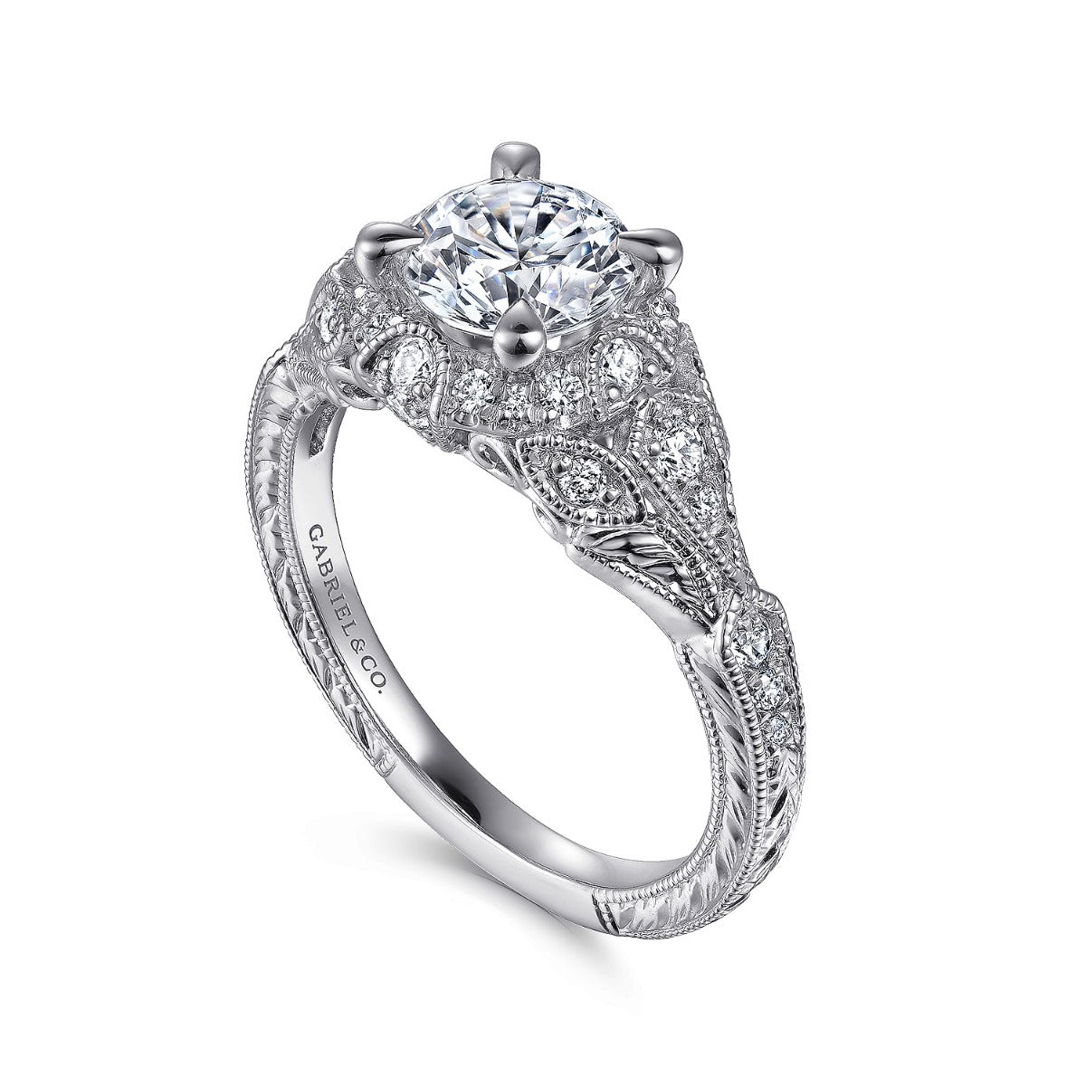 Annadale - Unique 14K White Gold Vintage Inspired Semi Mount Halo Semi-Mount Ring