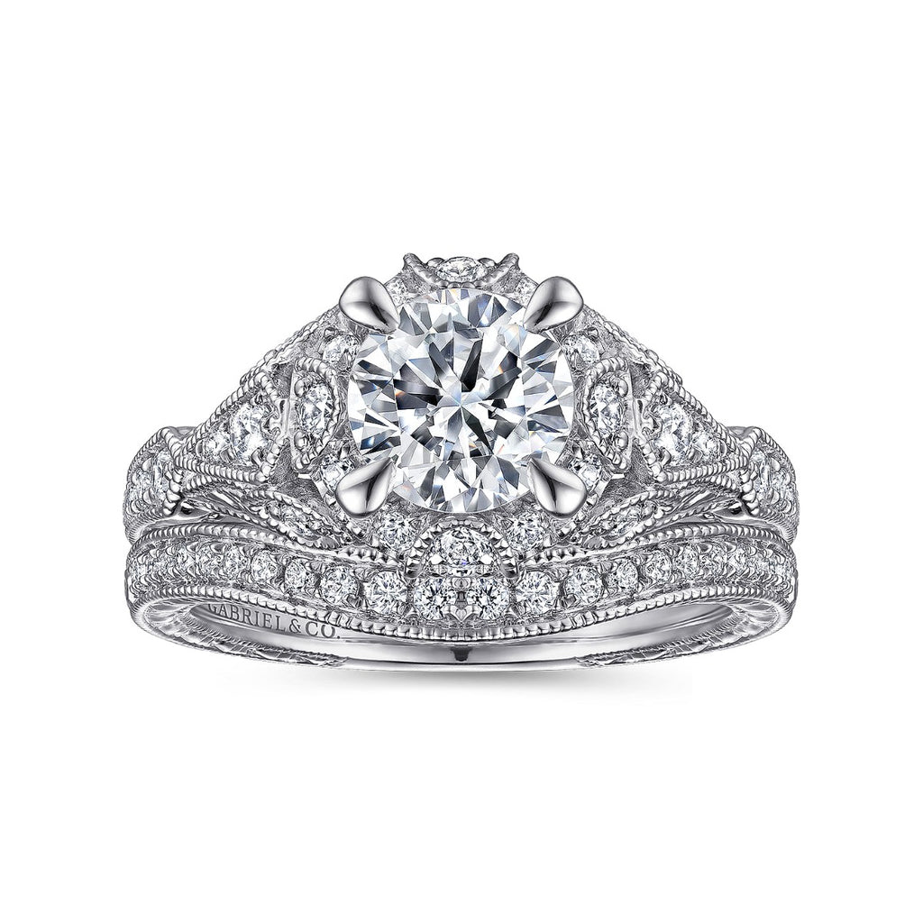 Annadale - Unique 14K White Gold Vintage Inspired Semi Mount Halo Semi-Mount Ring