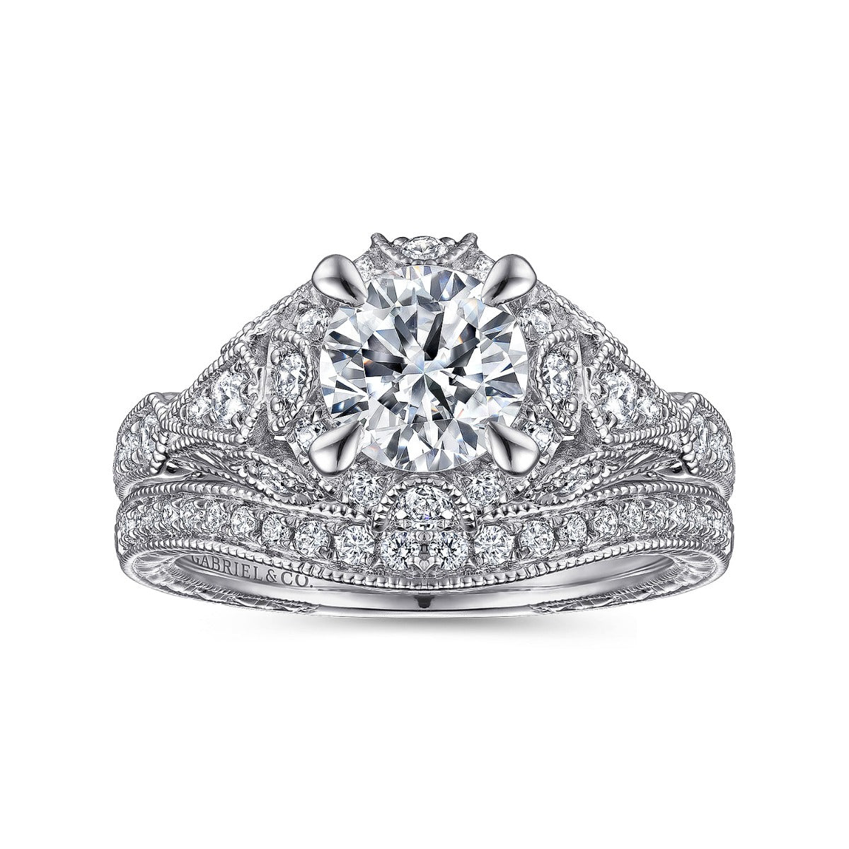 Annadale - Unique 14K White Gold Vintage Inspired Semi Mount Halo Semi-Mount Ring