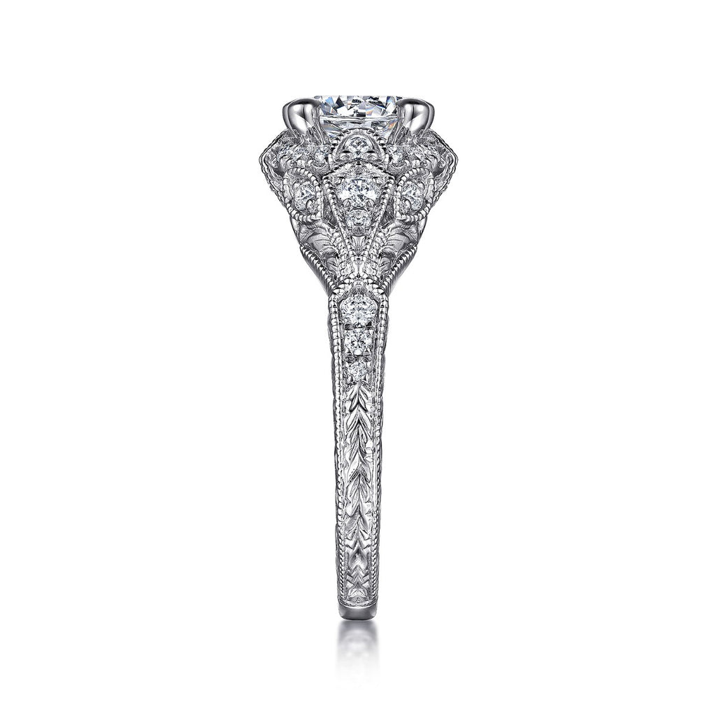 Annadale - Unique 14K White Gold Vintage Inspired Semi Mount Halo Semi-Mount Ring