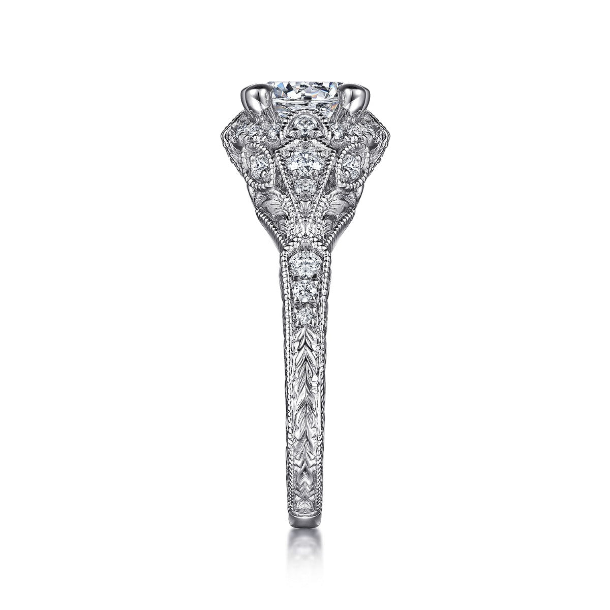 Annadale - Unique 14K White Gold Vintage Inspired Semi Mount Halo Semi-Mount Ring