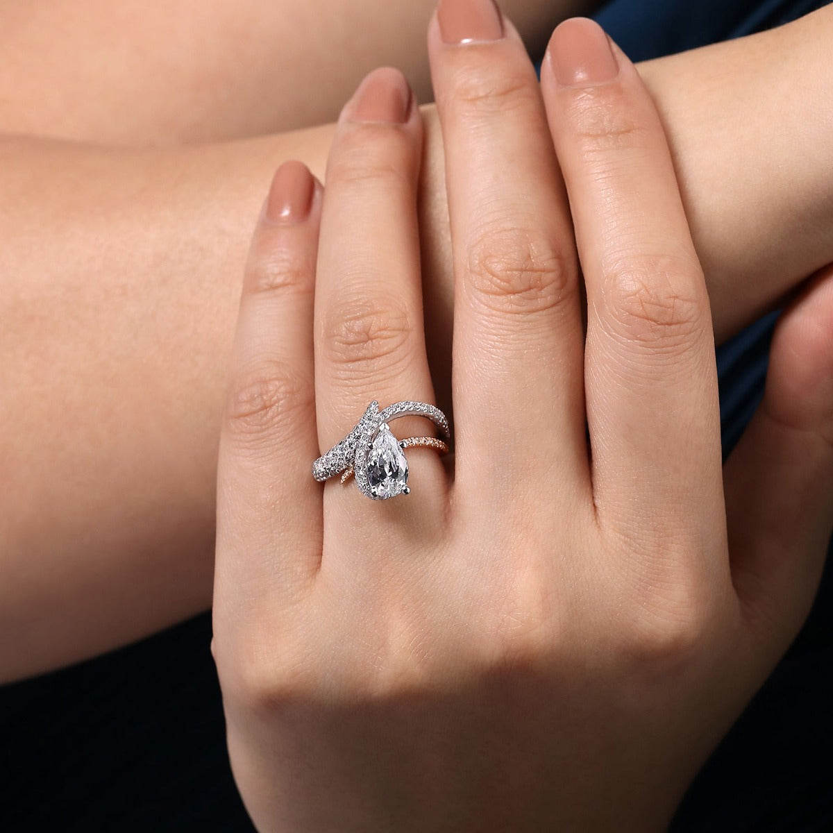 Mystic - 14K White-Rose Gold Pear Shape Halo Semi-Mount Ring