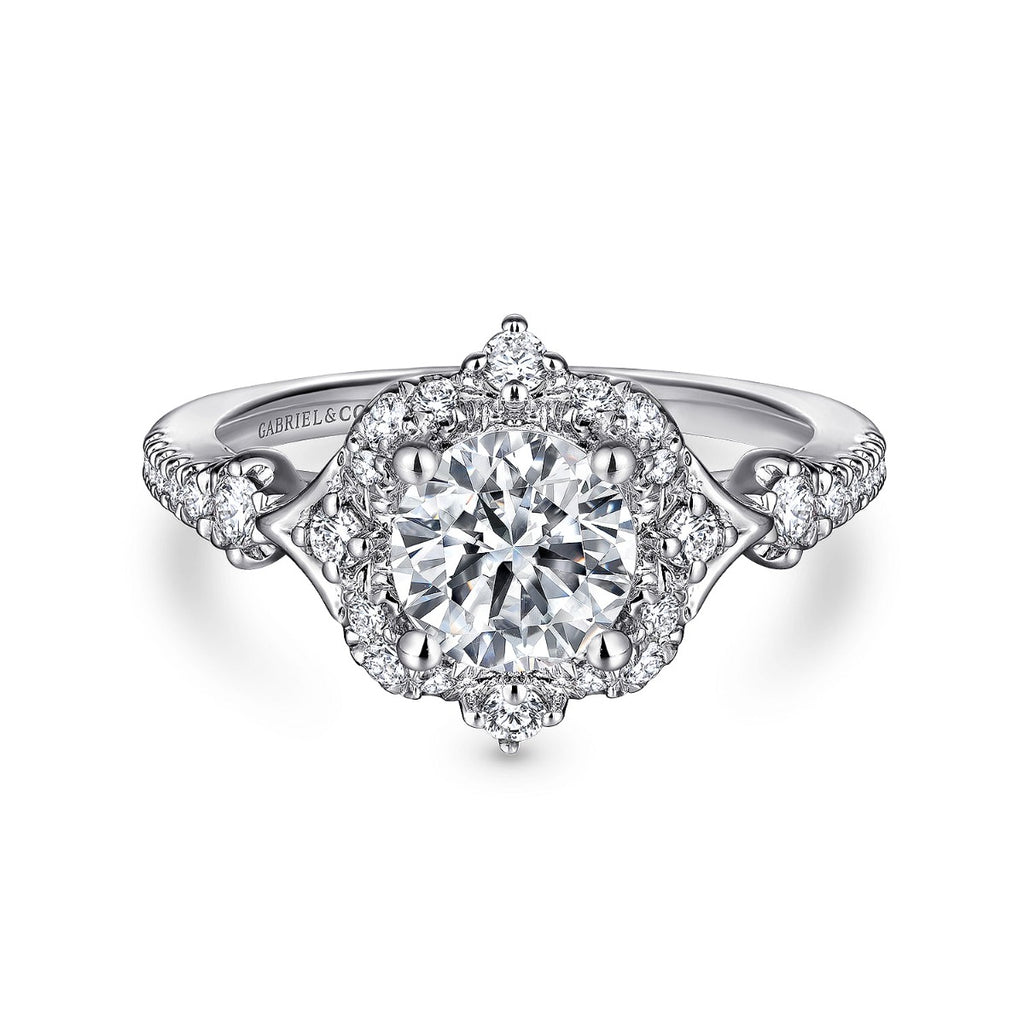 Veronique - Unique 14K White Gold Vintage Inspired Halo Diamond Semi-Mount Ring