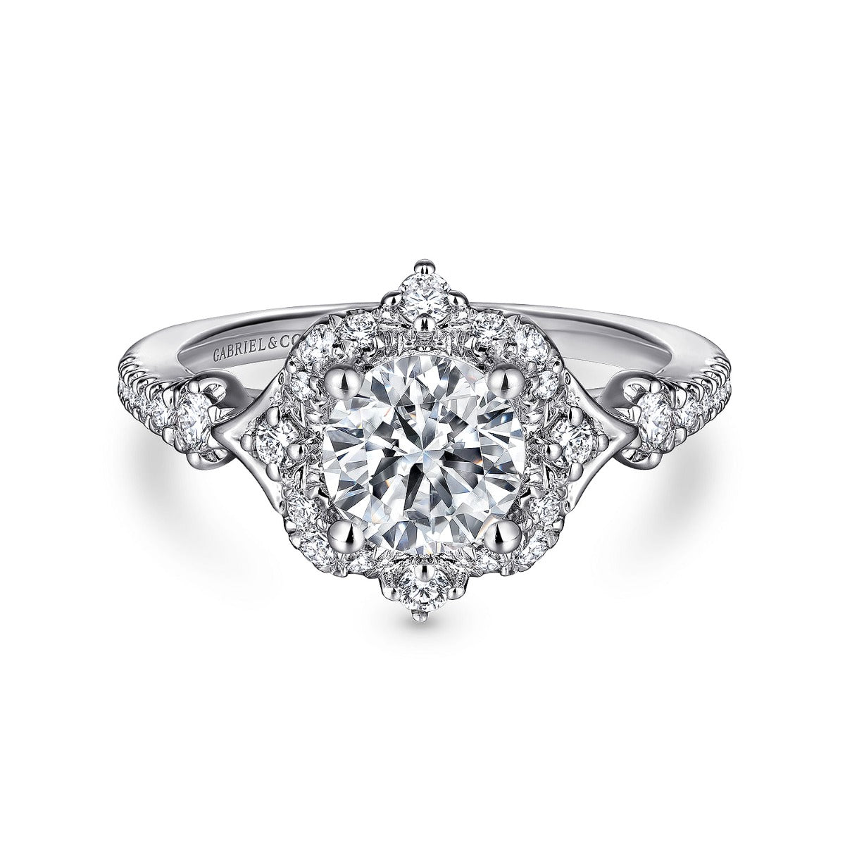 Veronique - Unique 14K White Gold Vintage Inspired Halo Diamond Semi-Mount Ring