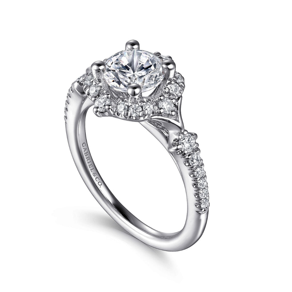 Veronique - Unique 14K White Gold Vintage Inspired Halo Diamond Semi-Mount Ring