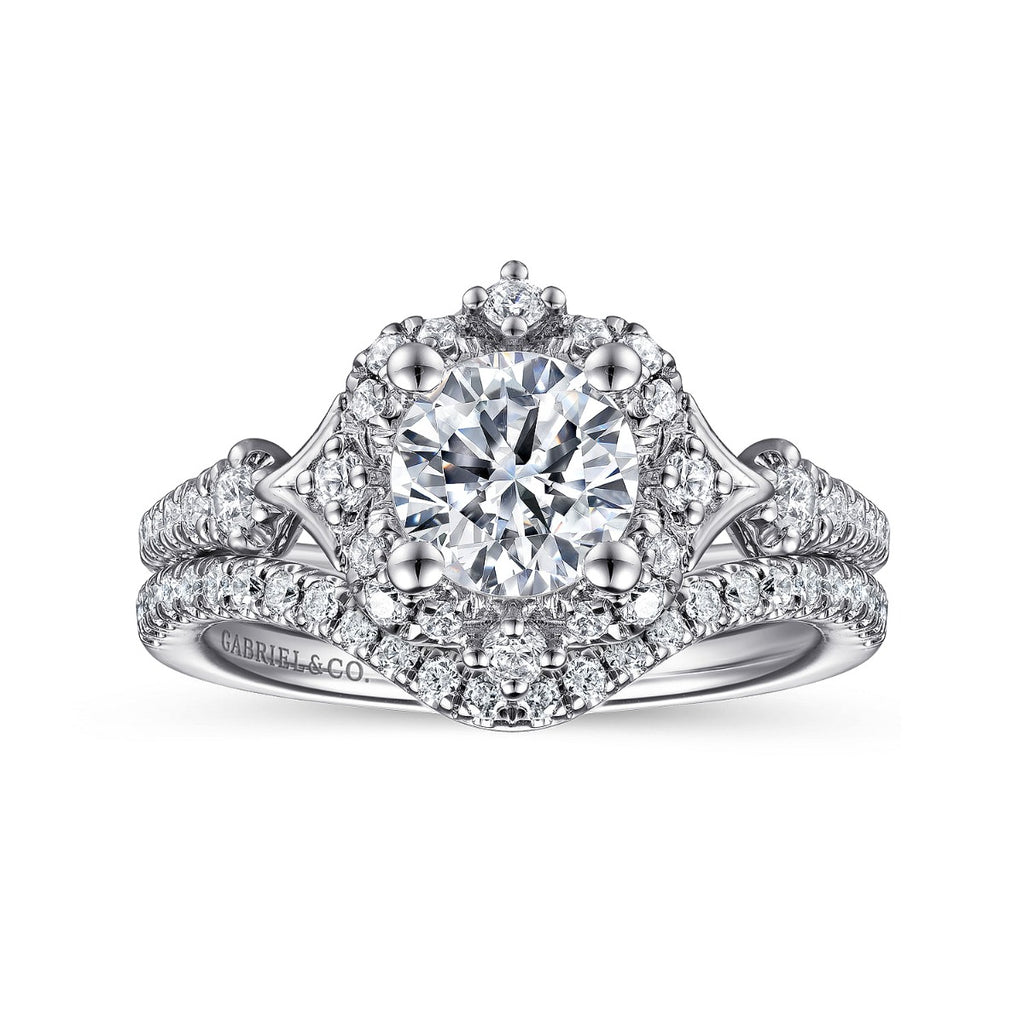 Veronique - Unique 14K White Gold Vintage Inspired Halo Diamond Semi-Mount Ring