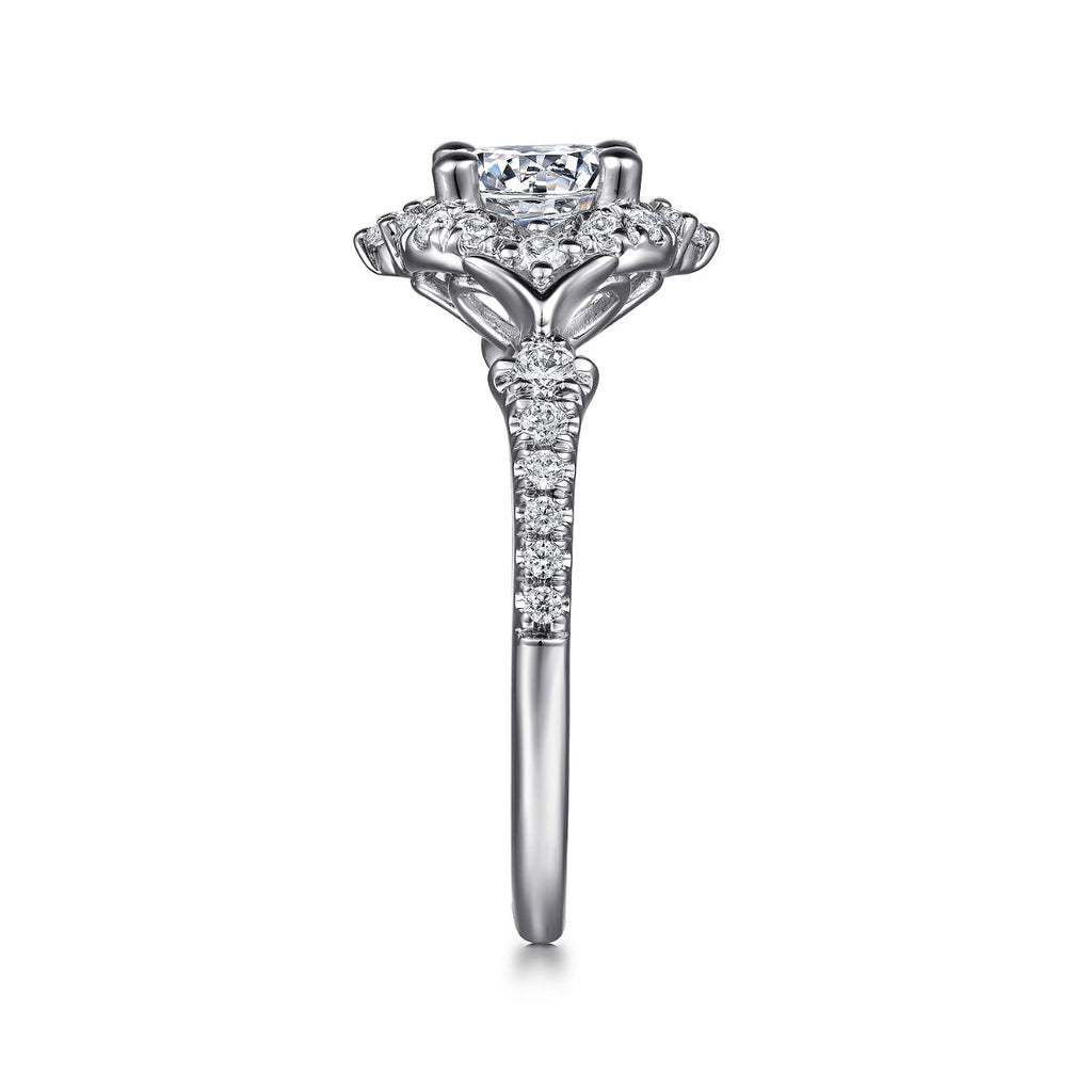 Veronique - Unique 14K White Gold Vintage Inspired Halo Diamond Semi-Mount Ring