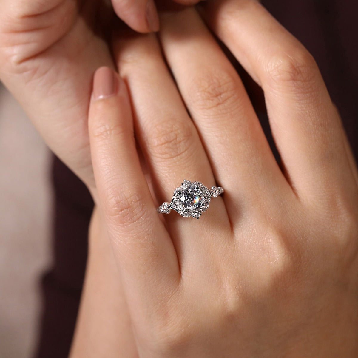 Veronique - Unique 14K White Gold Vintage Inspired Halo Diamond Semi-Mount Ring