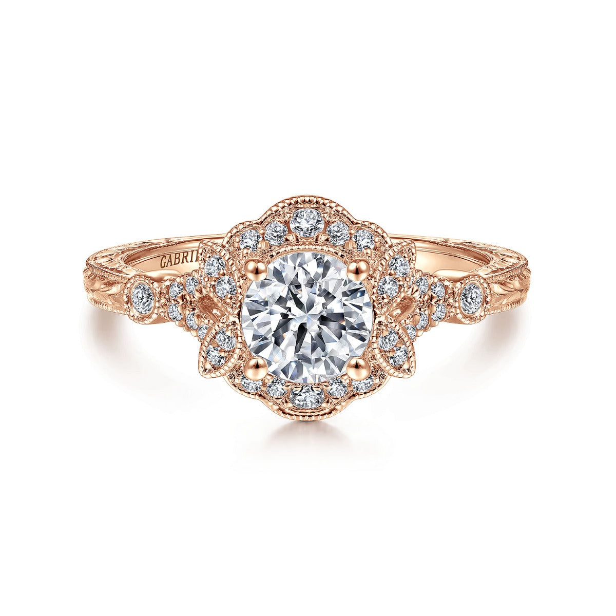 Abel - Unique 14K Rose Gold Vintage Inspired Semi Mount Halo Semi-Mount Ring