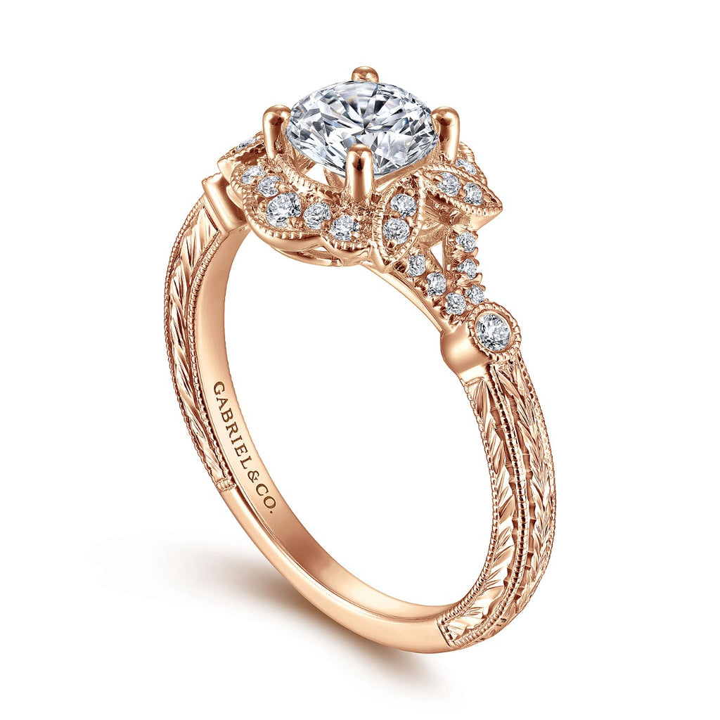Abel - Unique 14K Rose Gold Vintage Inspired Semi Mount Halo Semi-Mount Ring