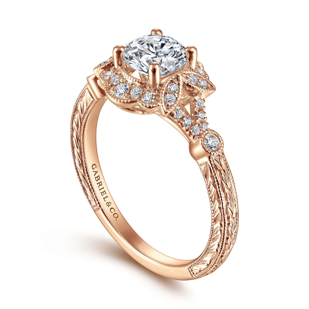 Abel - Unique 14K Rose Gold Vintage Inspired Semi Mount Halo Semi-Mount Ring