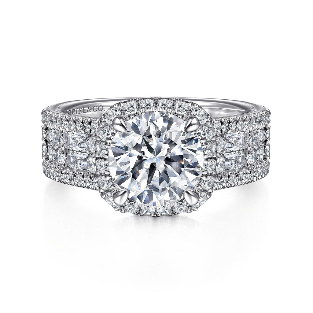 Zyra - 14K White Gold Cushion Halo Round Semi Mount Channel Set Semi-Mount Ring