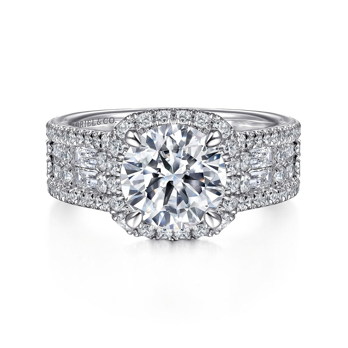 Zyra - 14K White Gold Cushion Halo Round Semi Mount Channel Set Semi-Mount Ring