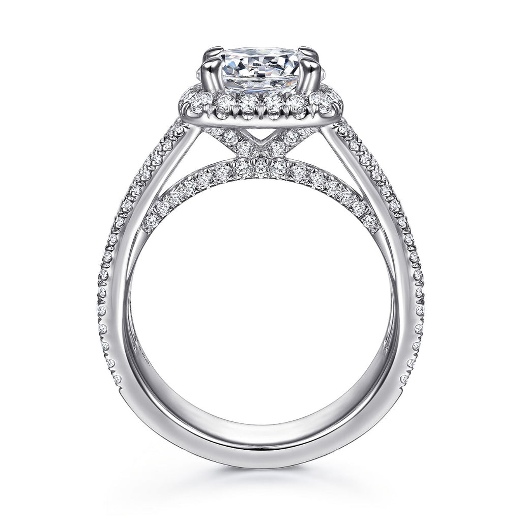 Zyra - 14K White Gold Cushion Halo Round Semi Mount Channel Set Semi-Mount Ring