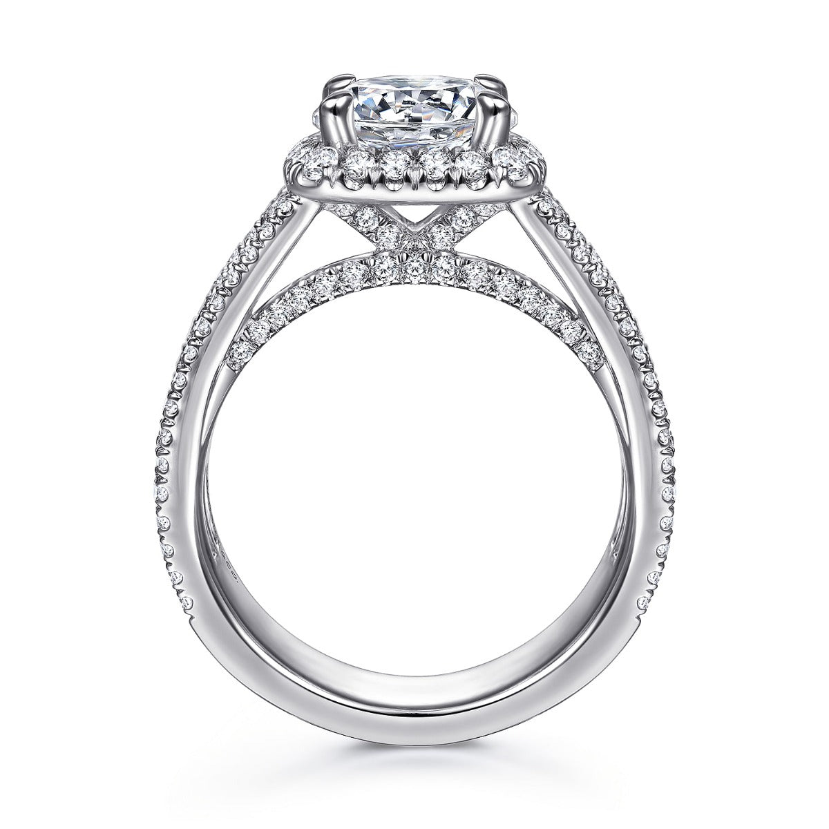 Zyra - 14K White Gold Cushion Halo Round Semi Mount Channel Set Semi-Mount Ring