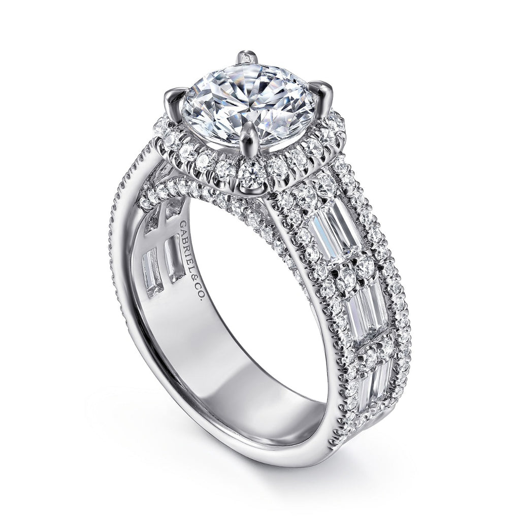 Zyra - 14K White Gold Cushion Halo Round Semi Mount Channel Set Semi-Mount Ring
