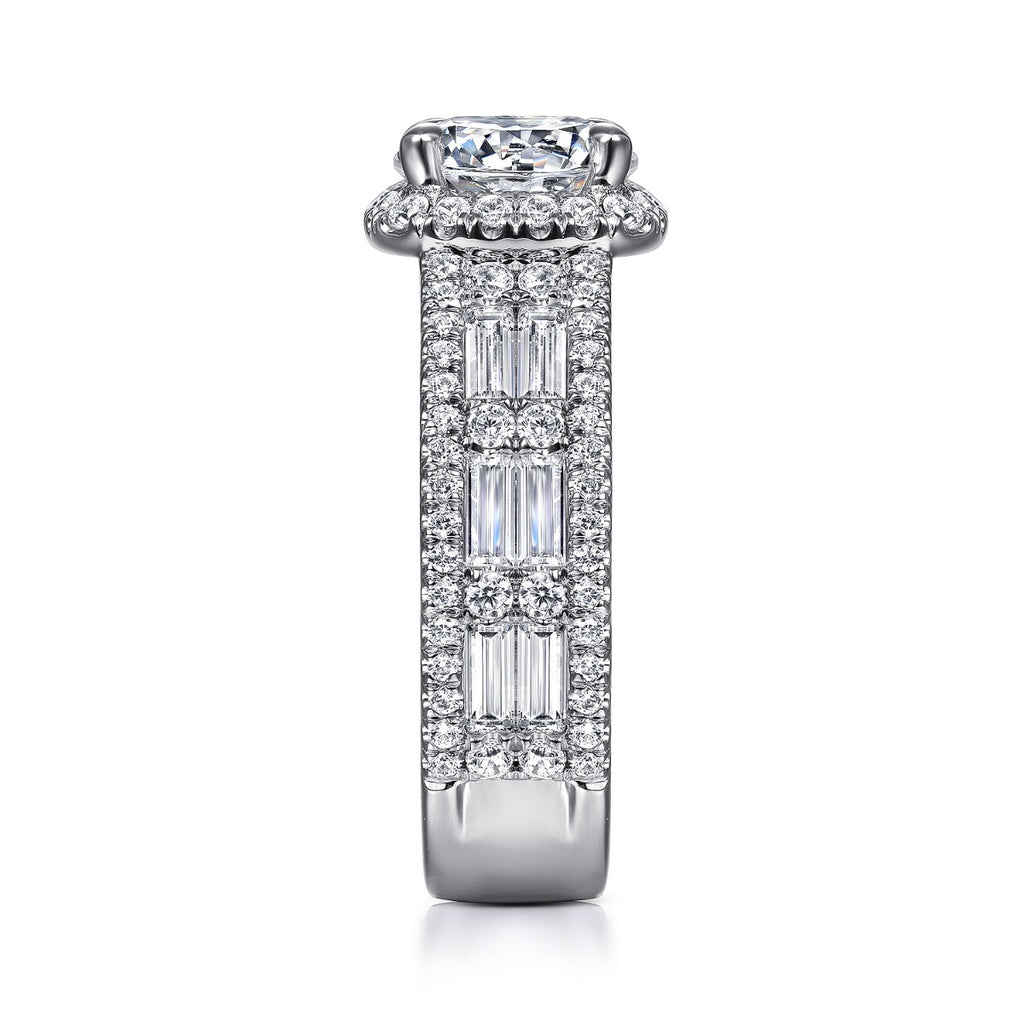 Zyra - 14K White Gold Cushion Halo Round Semi Mount Channel Set Semi-Mount Ring