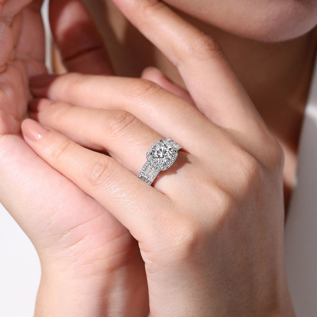 Zyra - 14K White Gold Cushion Halo Round Semi Mount Channel Set Semi-Mount Ring
