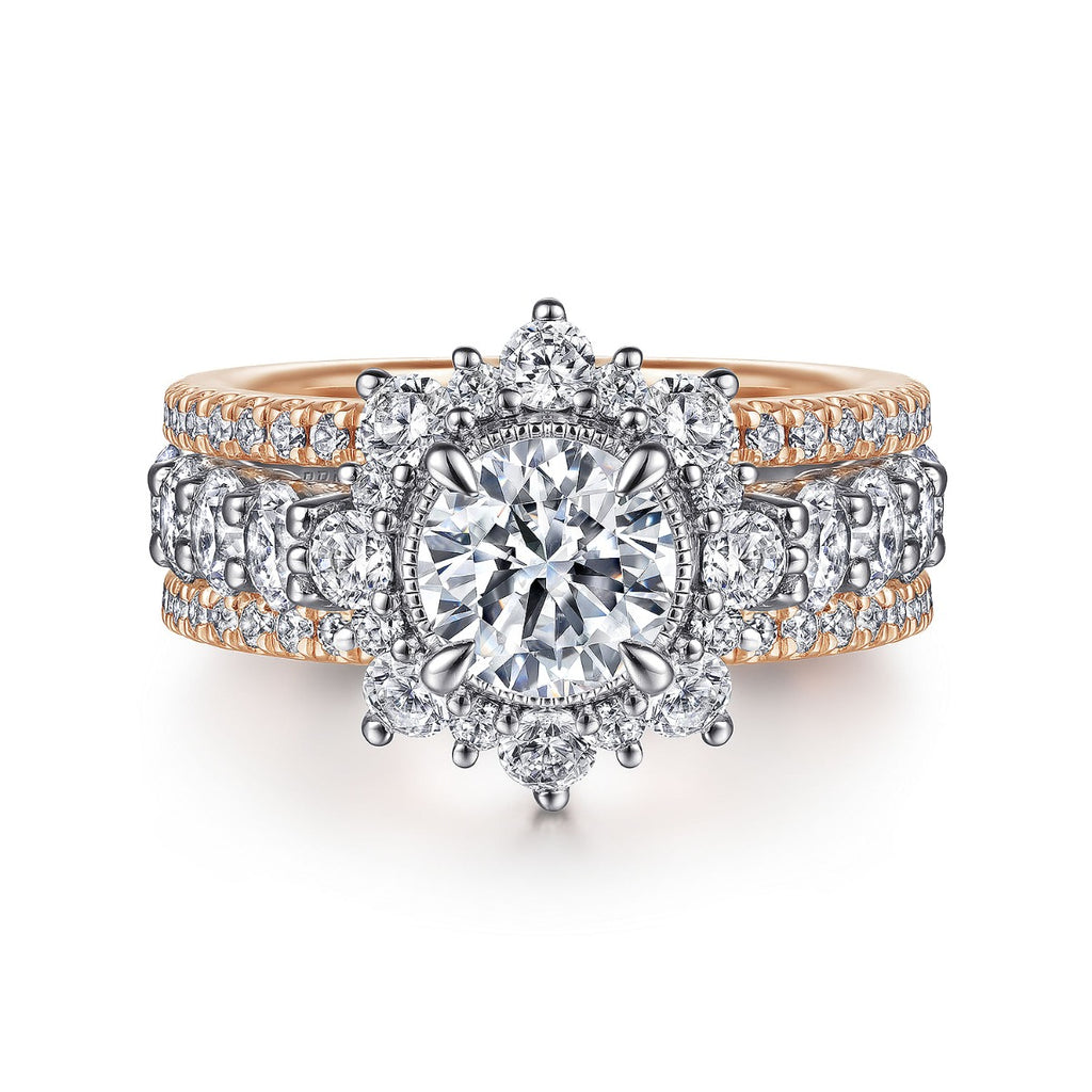 Clarence - 14K White-Rose Gold Fancy Halo Round Semi-Mount Ring