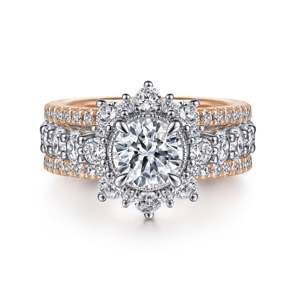Clarence - 14K White-Rose Gold Fancy Halo Round Semi-Mount Ring