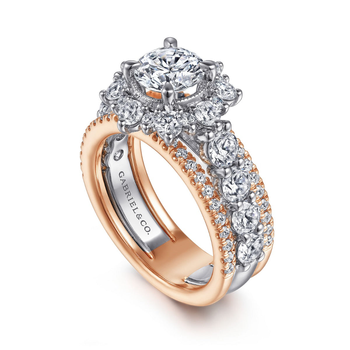 Clarence - 14K White-Rose Gold Fancy Halo Round Semi-Mount Ring