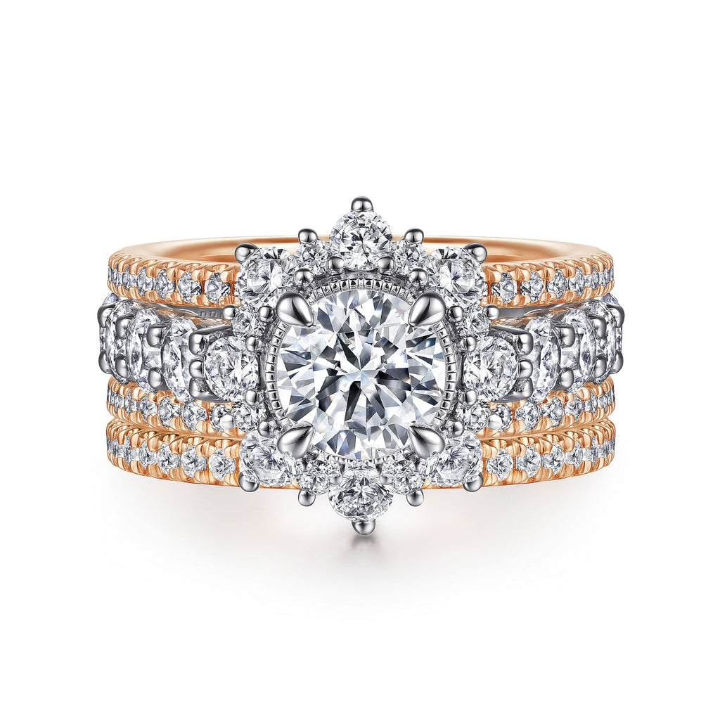 Clarence - 14K White-Rose Gold Fancy Halo Round Semi-Mount Ring
