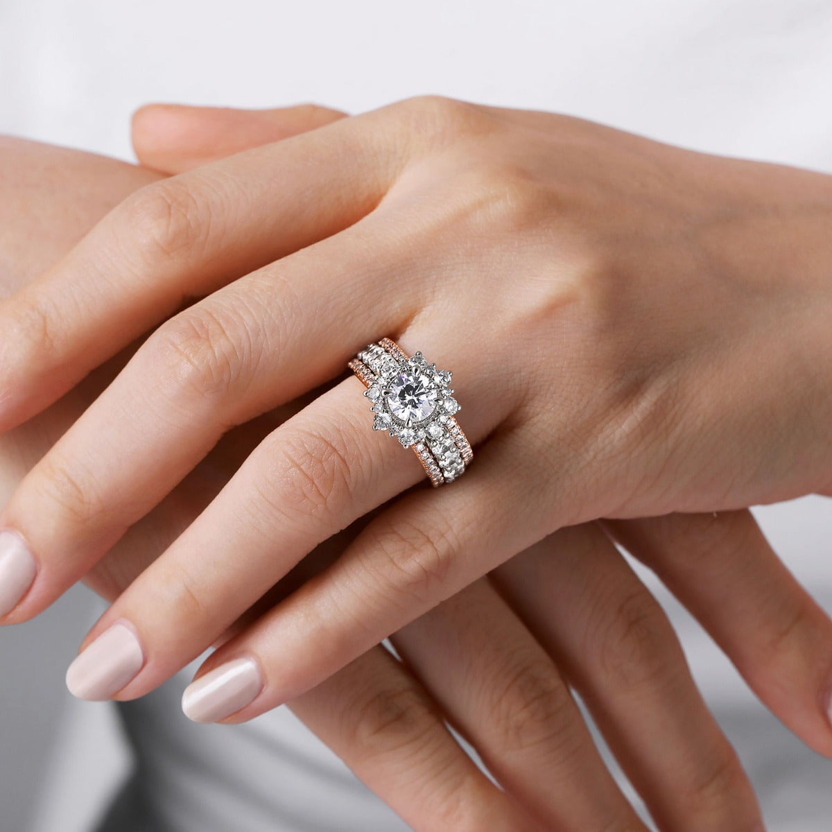 Clarence - 14K White-Rose Gold Fancy Halo Round Semi-Mount Ring