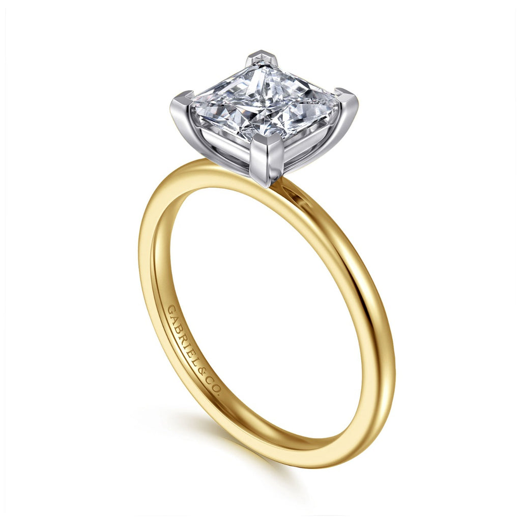 Evelina - 14K White-Yellow Gold Princess Cut Diamond Semi-Mount Ring