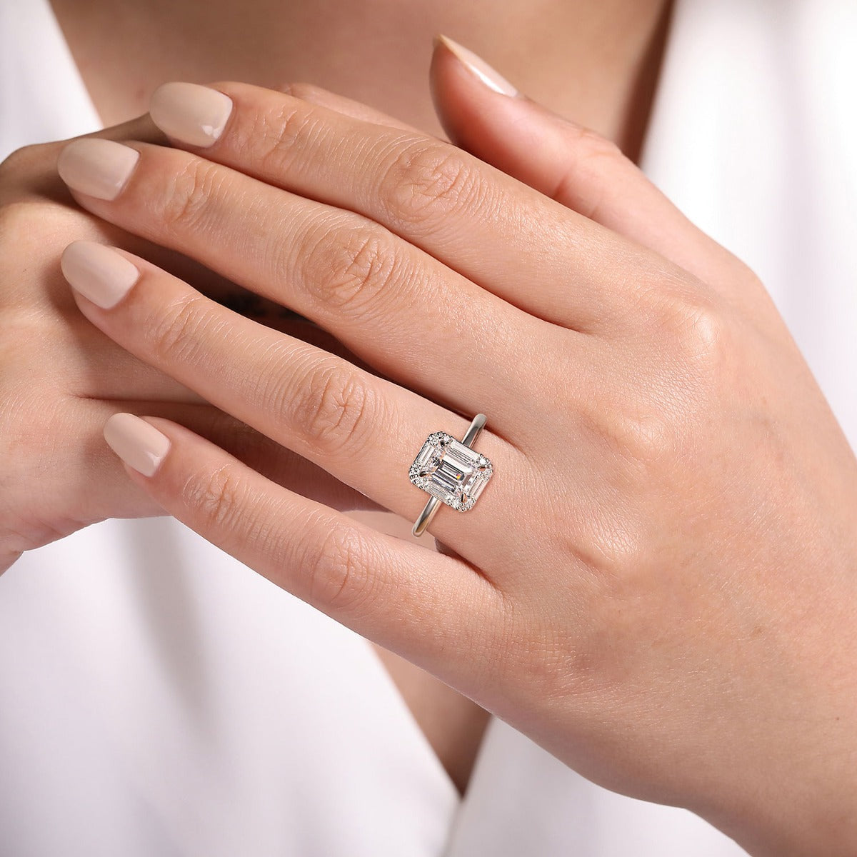 Cammie - Art Deco 14K White Gold Halo Emerald Cut Ring
