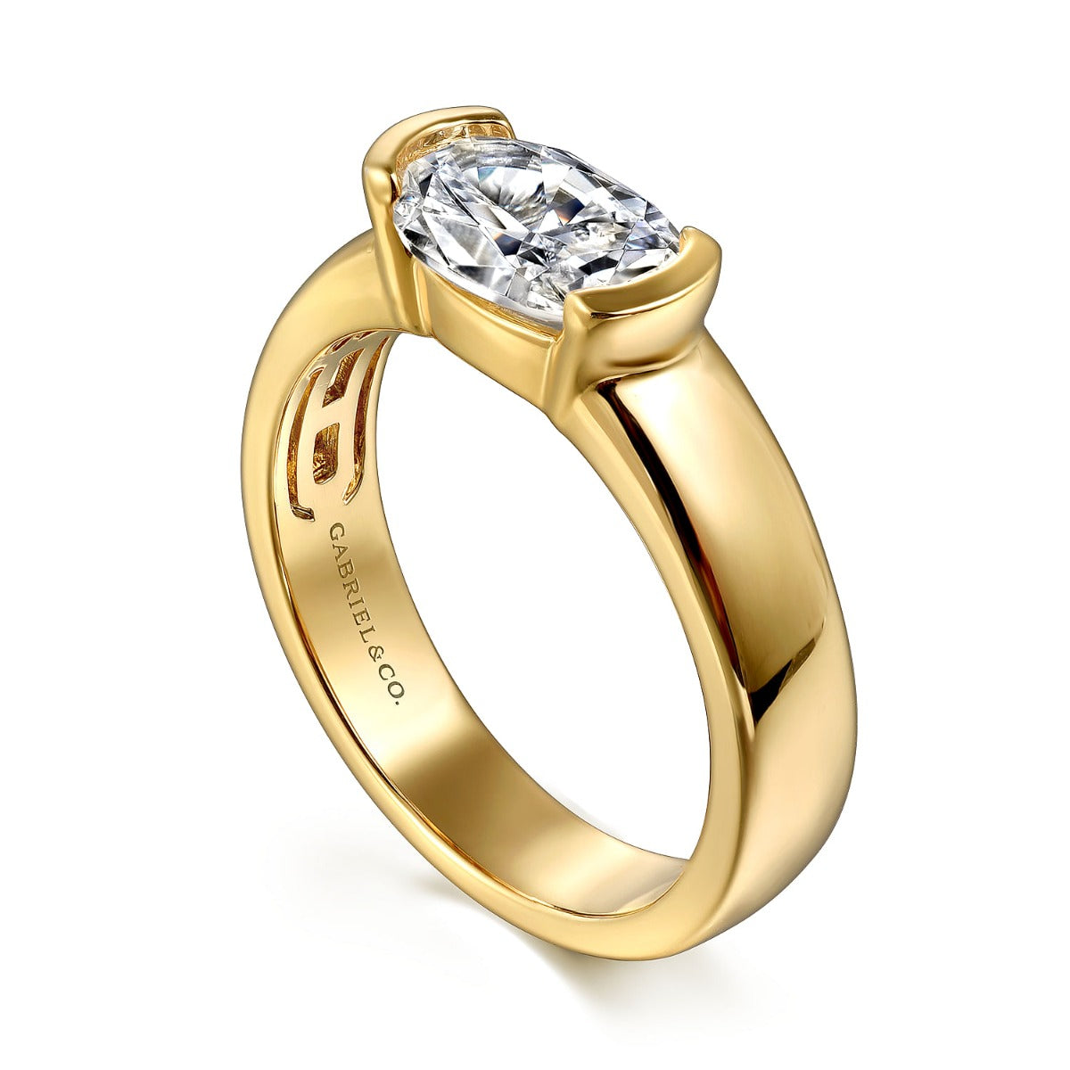 Bara - 14K Yellow Gold Half Bezel East West Oval Diamond Semi-Mount Ring