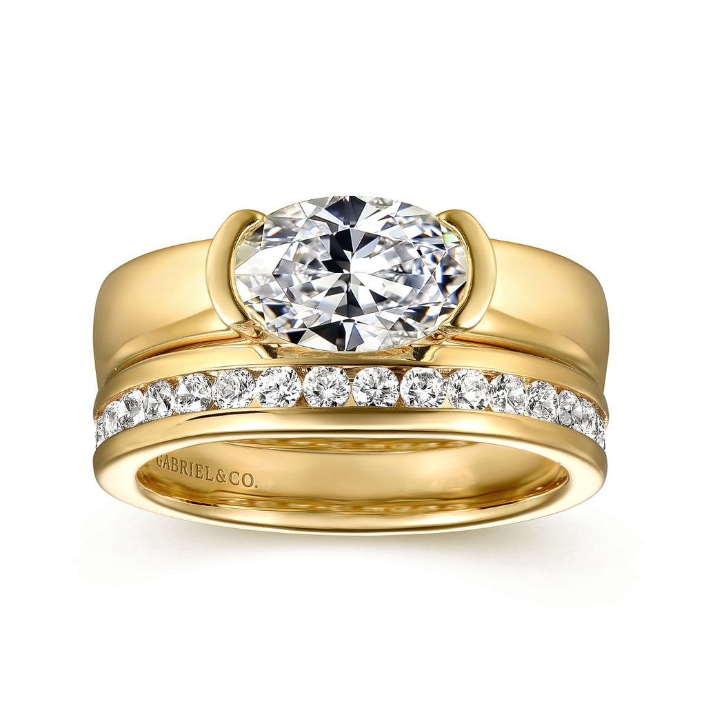 Bara - 14K Yellow Gold Half Bezel East West Oval Diamond Semi-Mount Ring