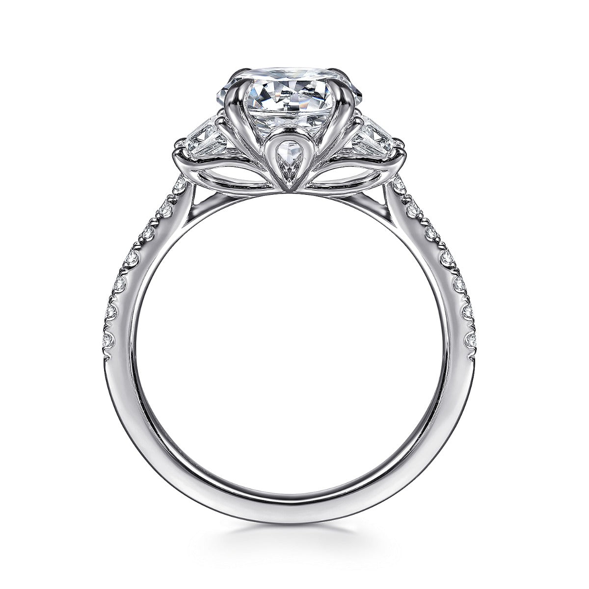 Georgie - 14K White Gold Round Three Stone Lotus Semi Mount Engagement Ring