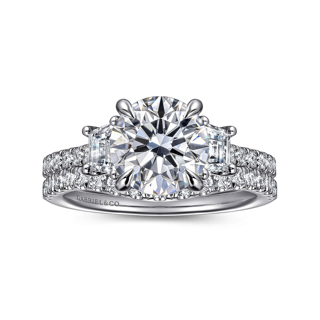Georgie - 14K White Gold Round Three Stone Lotus Semi Mount Engagement Ring