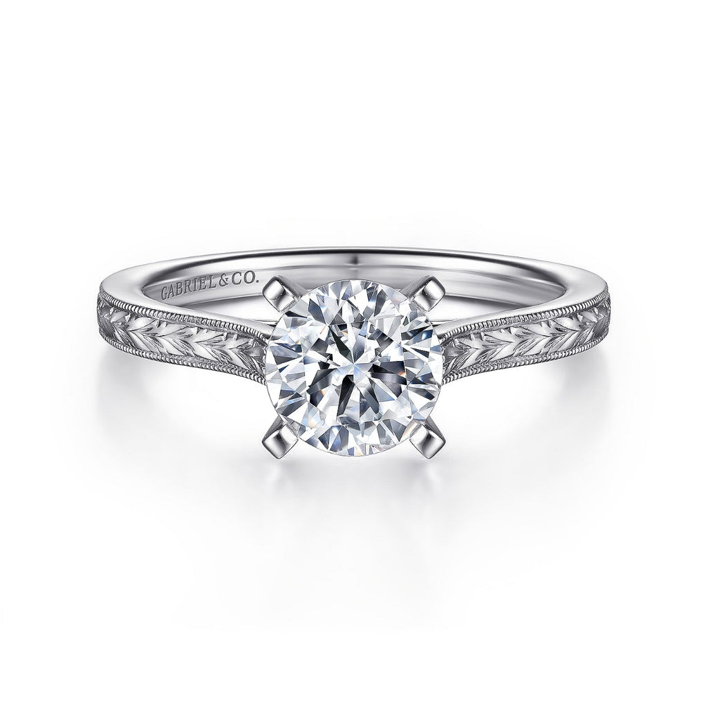 Alma - Vintage Inspired 14K White Gold Round Solitaire Semi-Mount Ring