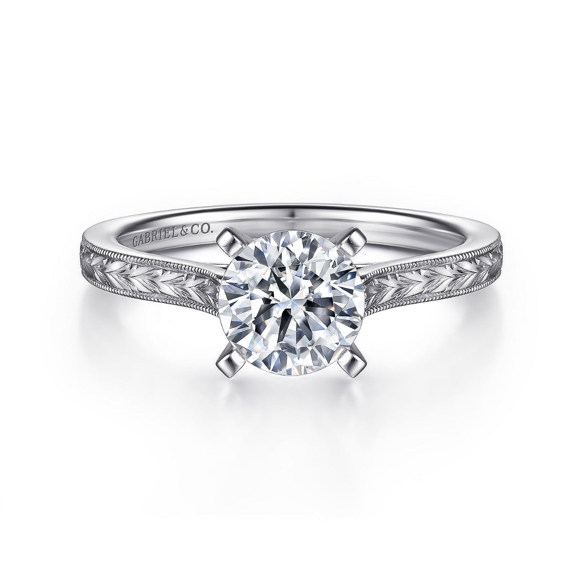 Alma - Vintage Inspired 14K White Gold Round Solitaire Semi-Mount Ring
