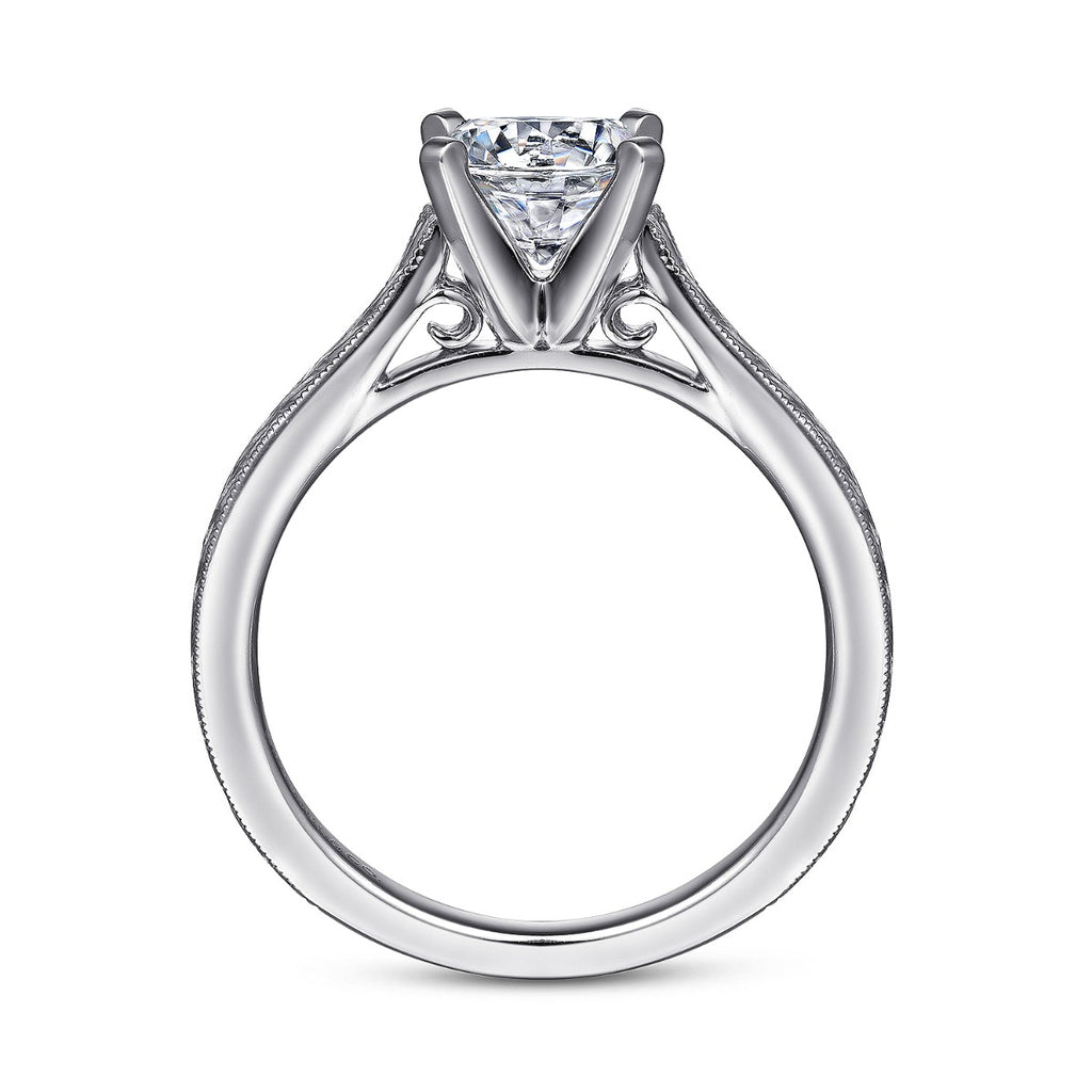 Alma - Vintage Inspired 14K White Gold Round Solitaire Semi-Mount Ring