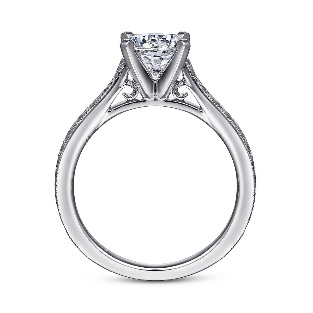 Alma - Vintage Inspired 14K White Gold Round Solitaire Semi-Mount Ring