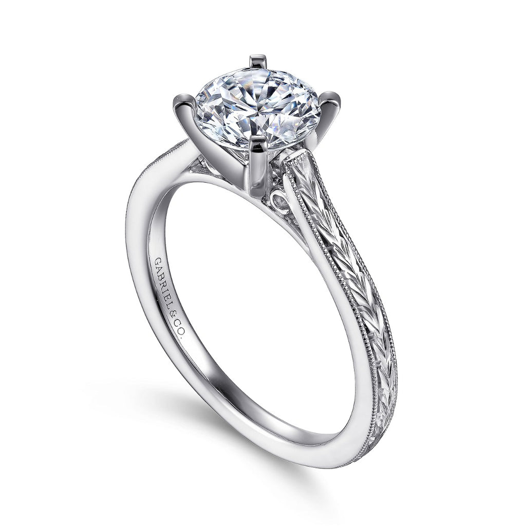 Alma - Vintage Inspired 14K White Gold Round Solitaire Semi-Mount Ring