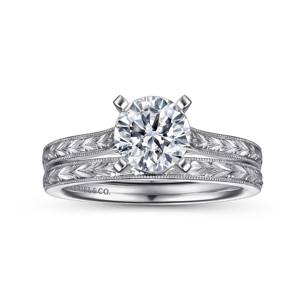 Alma - Vintage Inspired 14K White Gold Round Solitaire Semi-Mount Ring